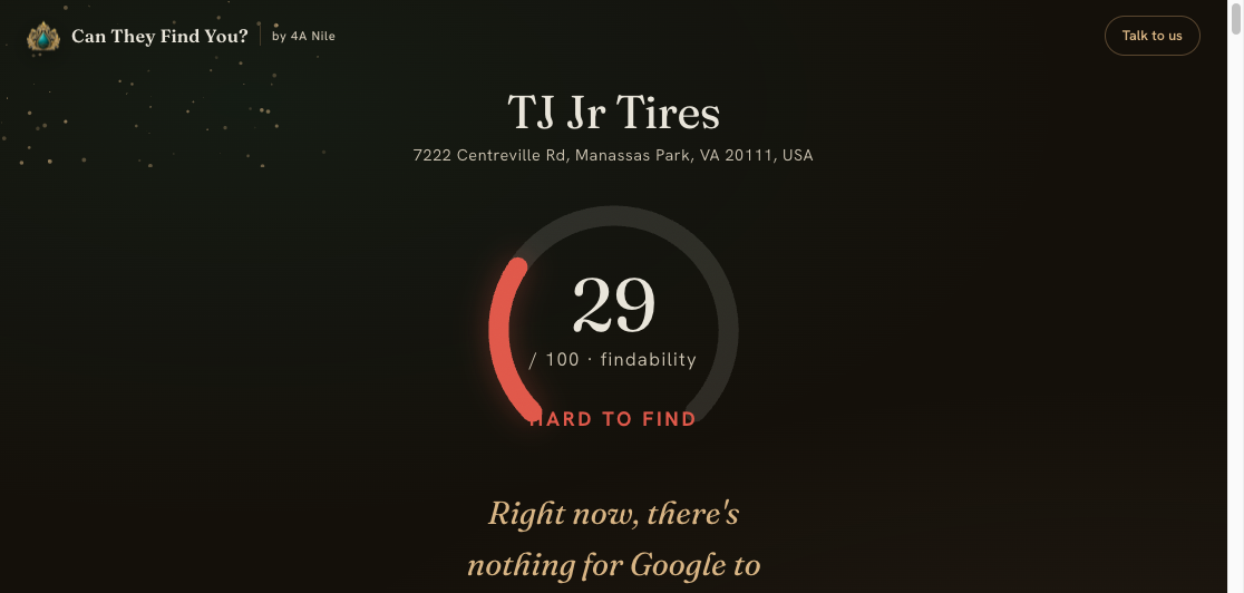 TJ Jr Tires findability audit before the build — 29 out of 100, rated Hard to find